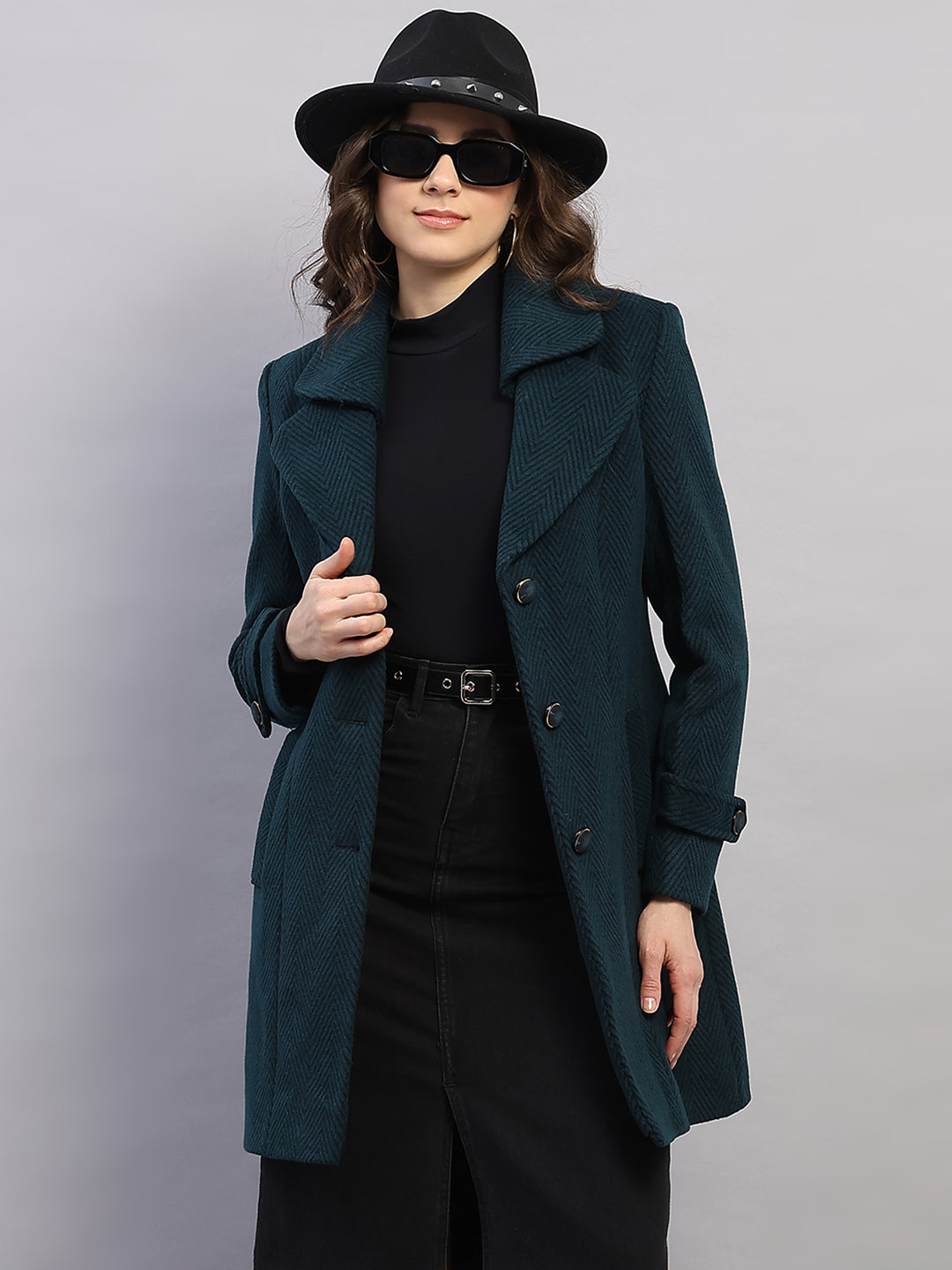 Women Teal Blue Printed Collar Full Sleeve Coat