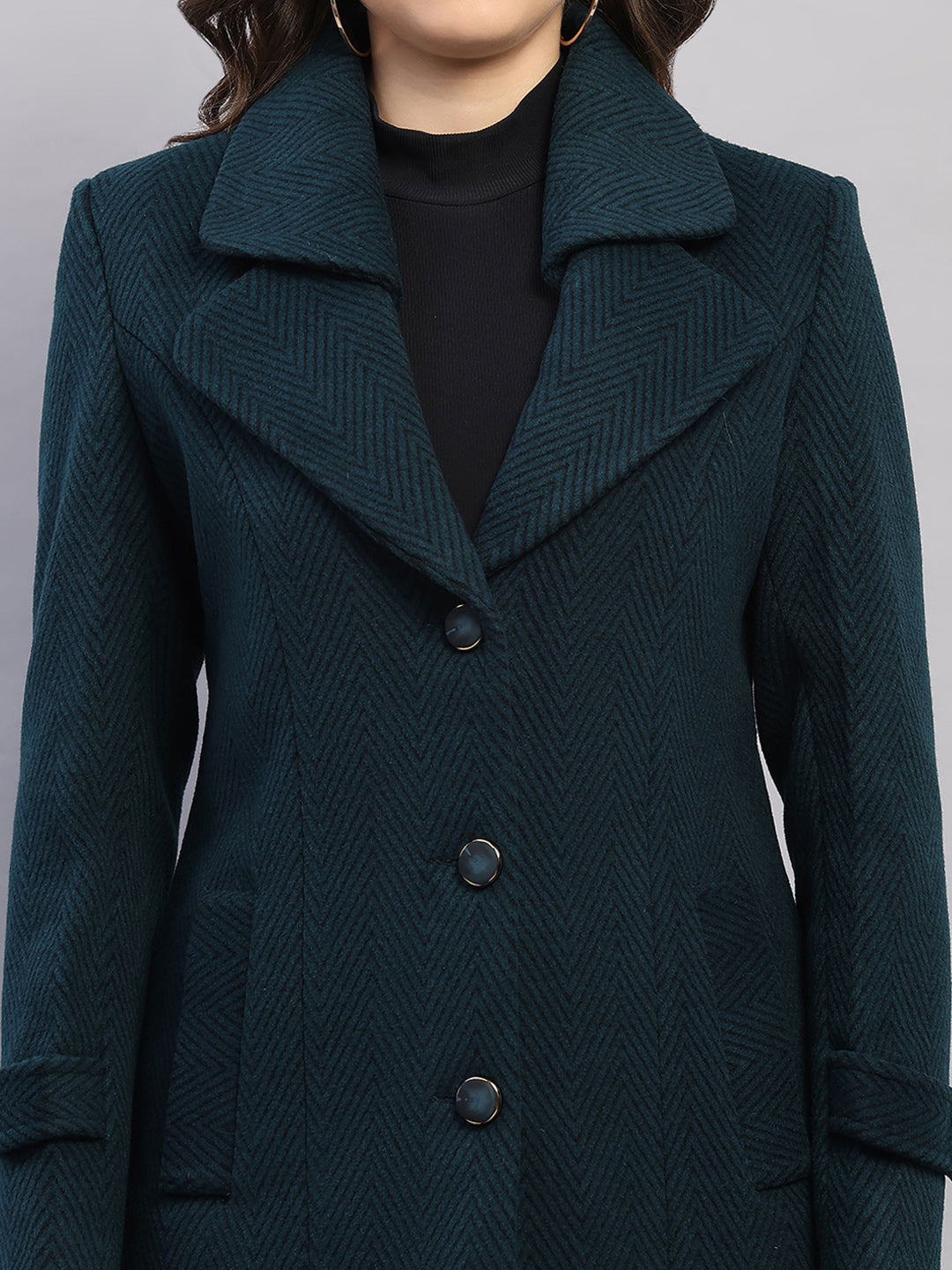Women Teal Blue Printed Collar Full Sleeve Coat