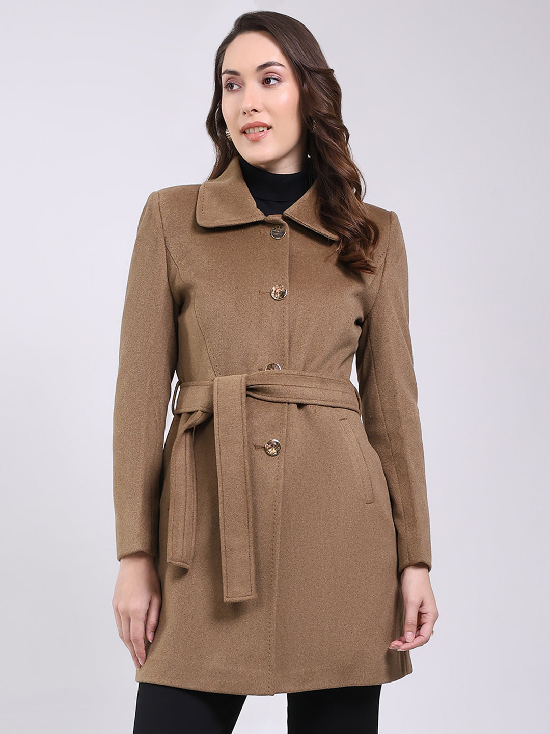 Women Camel Brown Solid Collar Full Sleeve Coat