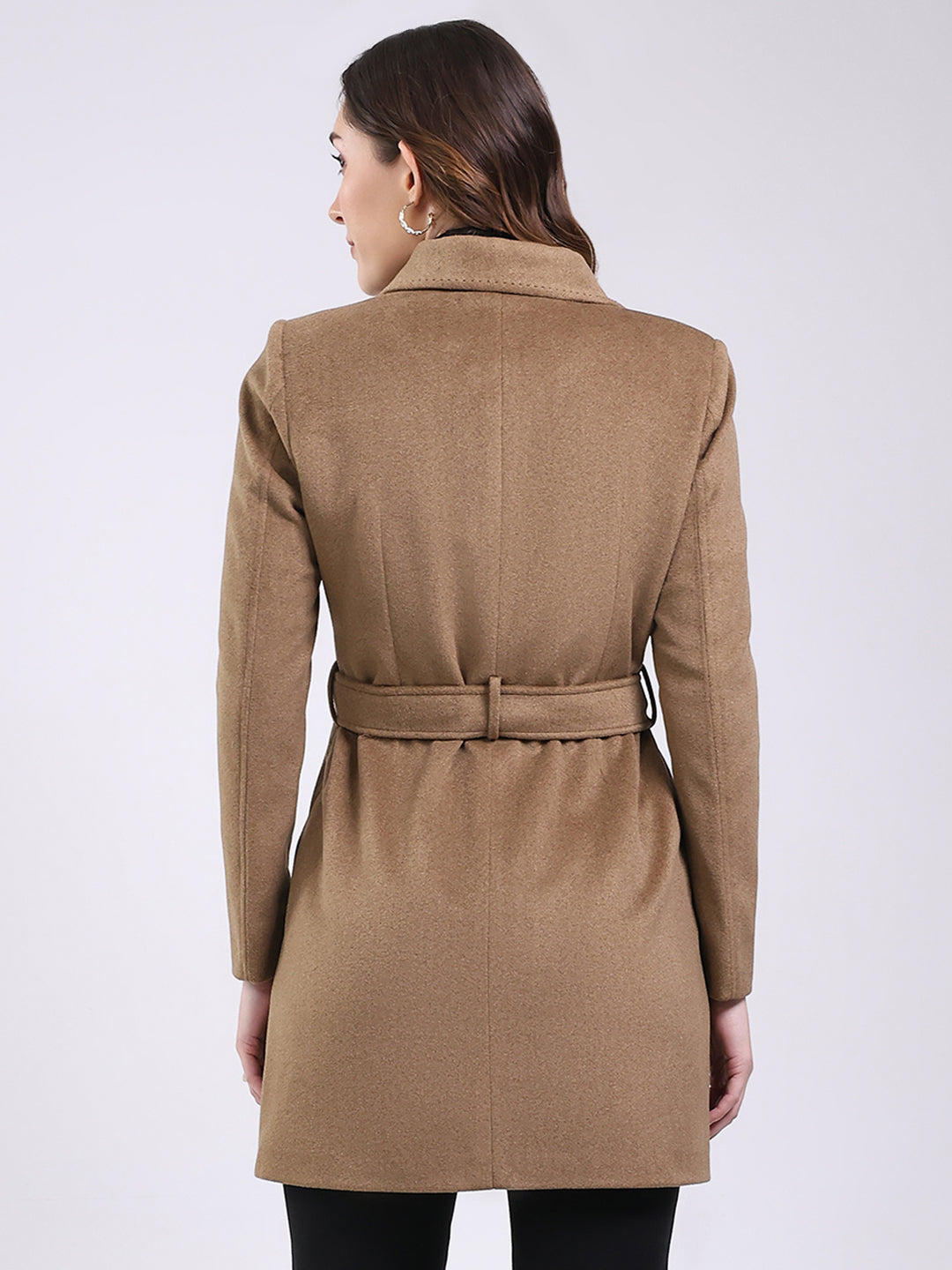 Women Camel Brown Solid Collar Full Sleeve Coat
