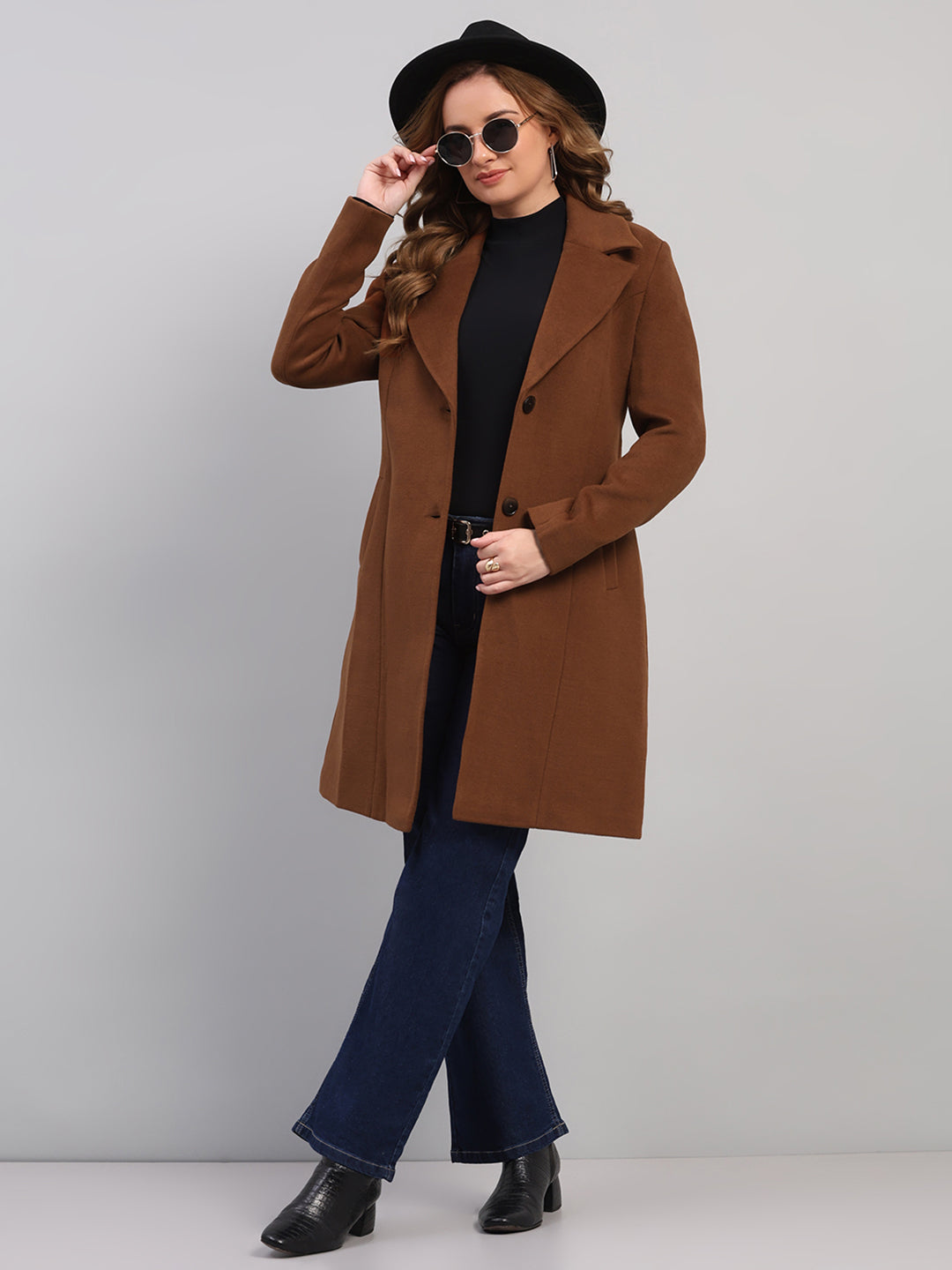 Women Brown Solid Collar Full Sleeve Coat