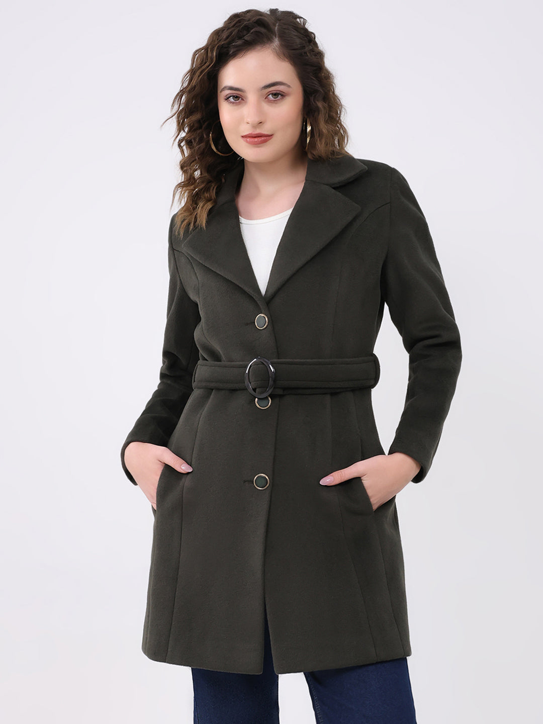 Women Olive Solid Notch Lapel Collar Full Sleeve Coat