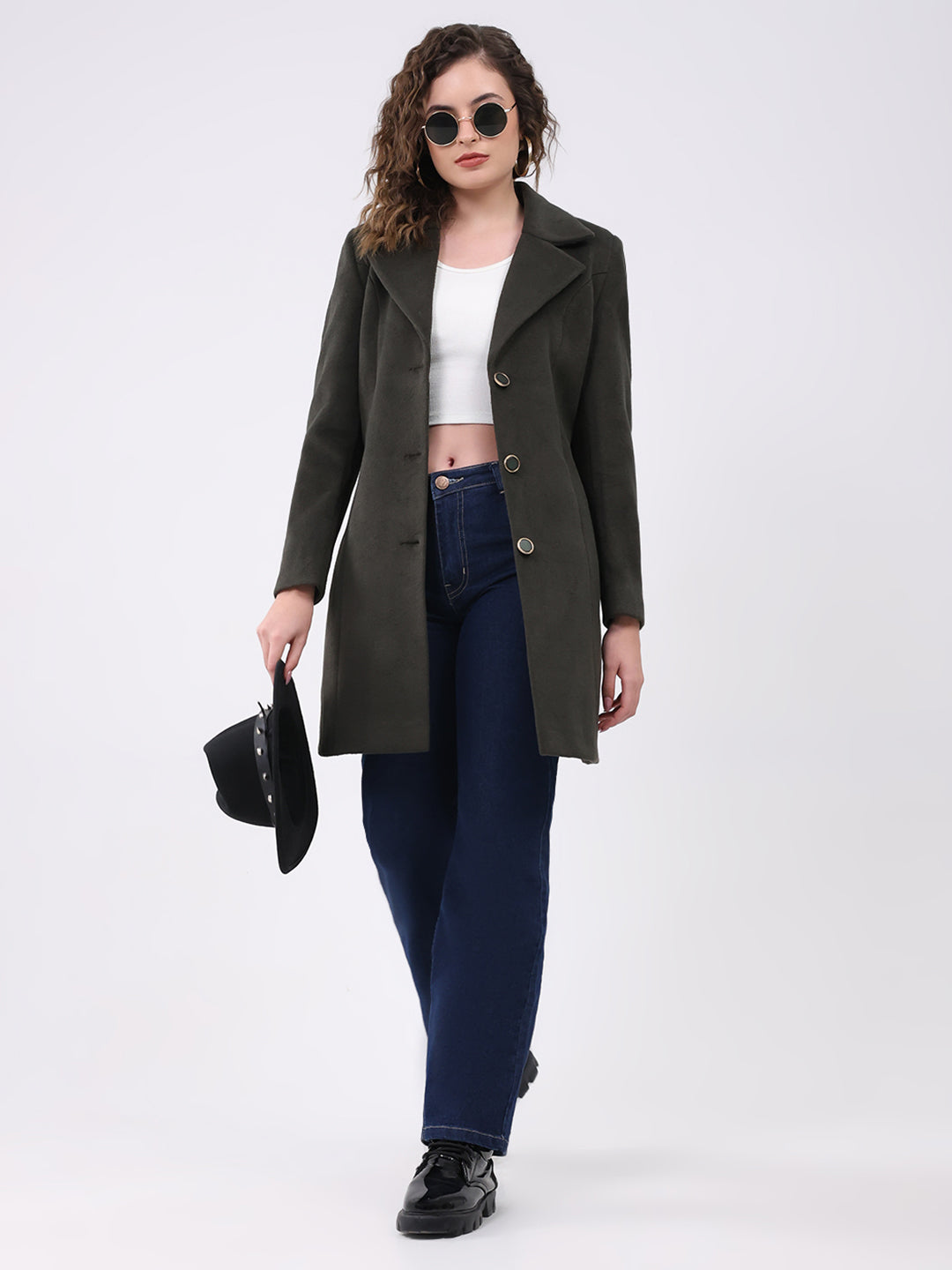 Women Olive Solid Notch Lapel Collar Full Sleeve Coat