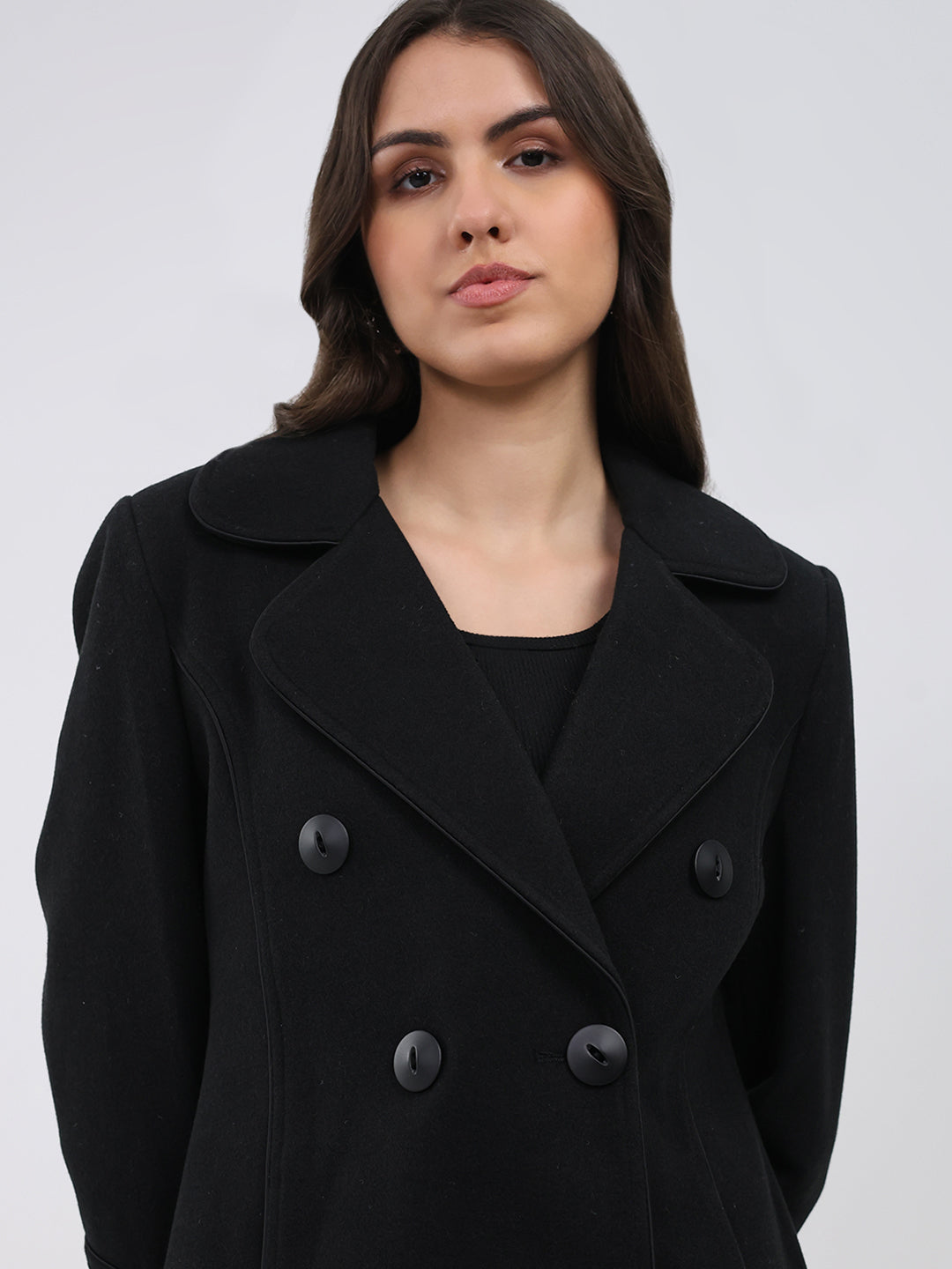 Women Black Solid Collar Full Sleeve Coat