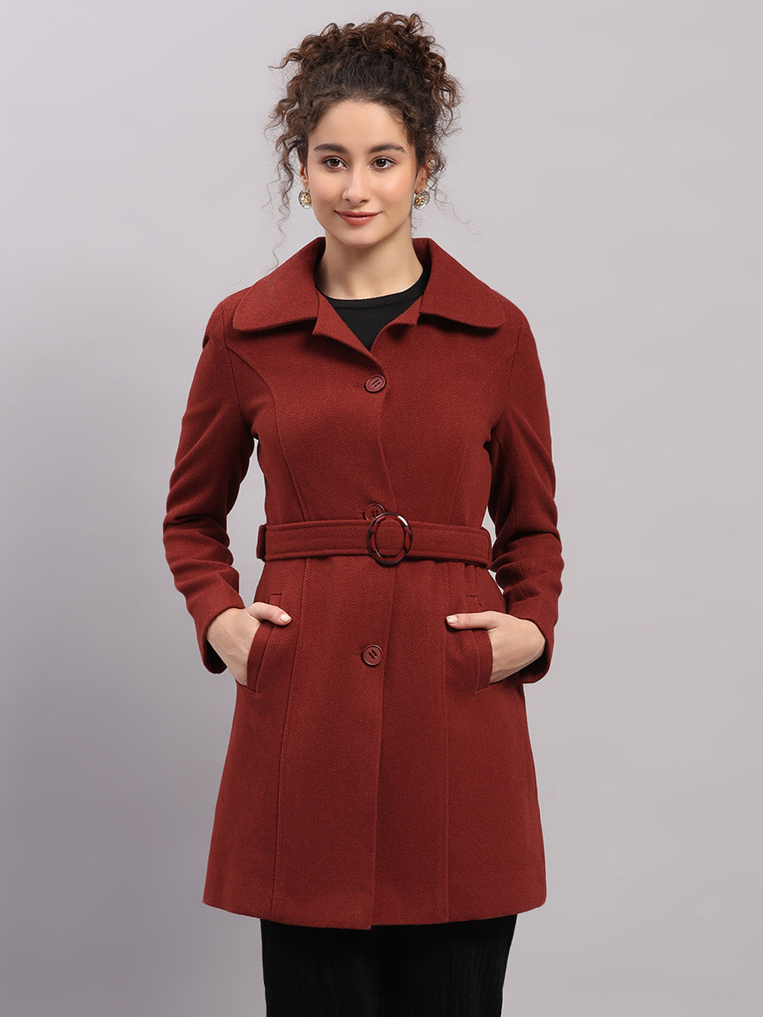 Women Rust Solid Collar Full Sleeve Coat