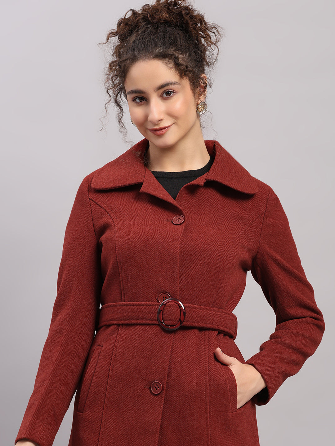 Women Rust Solid Collar Full Sleeve Coat