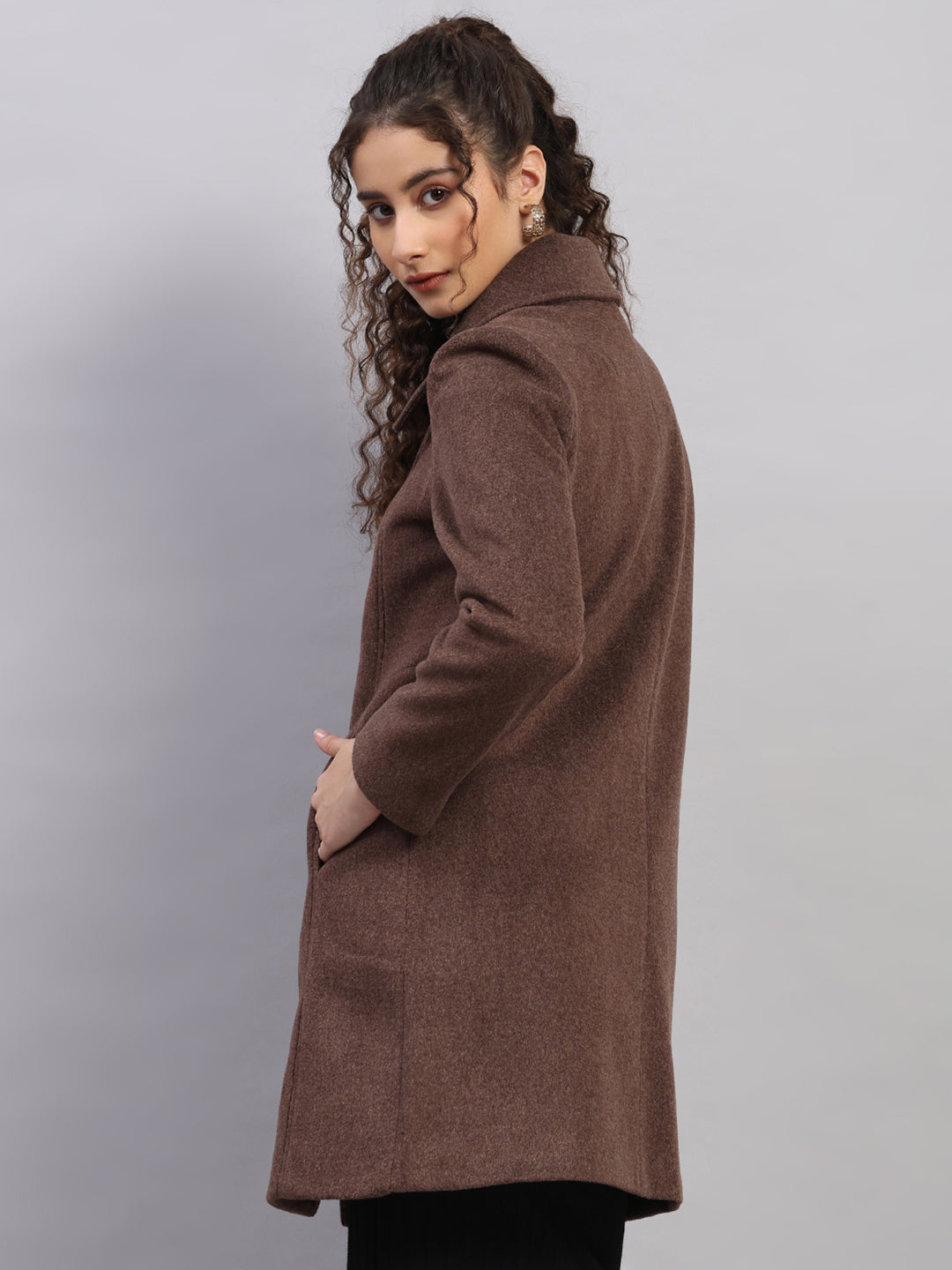 Women Brown Solid Collar Full Sleeve Coat