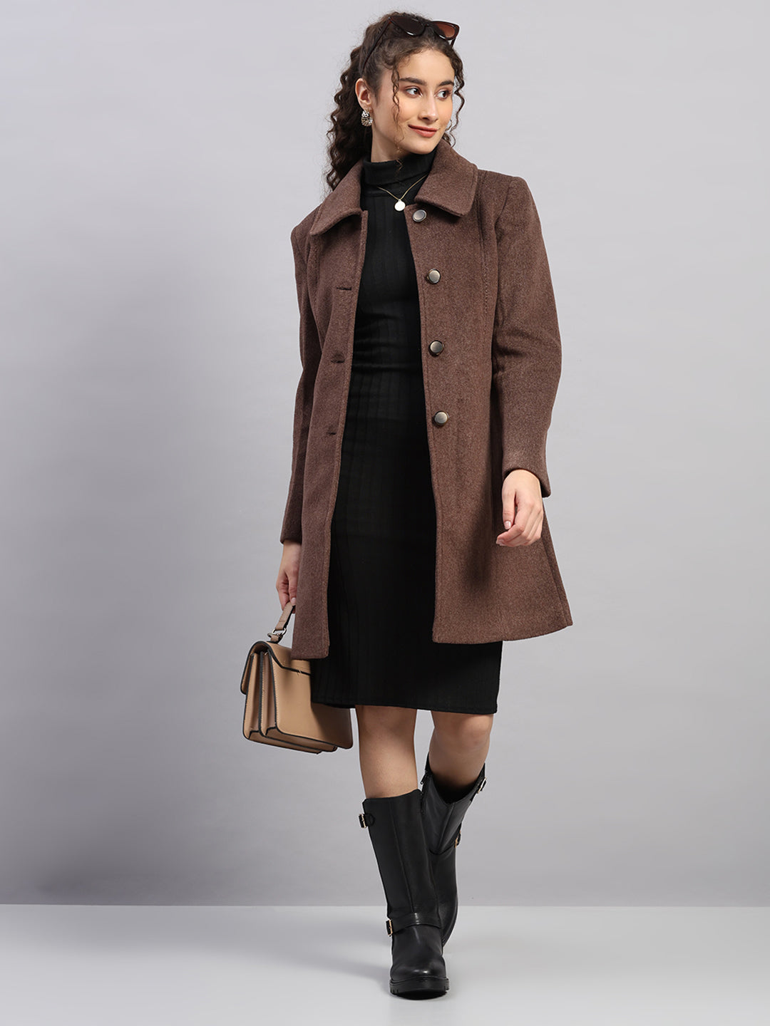 Women Brown Solid Collar Full Sleeve Coat