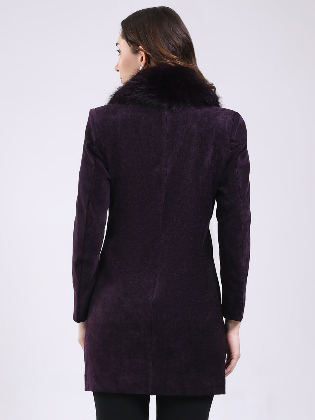 Women Purple Solid Notch Lapel Collar Full Sleeve Coat