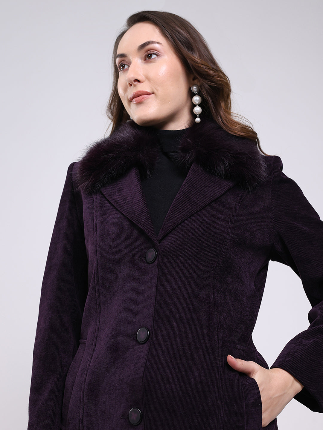 Women Purple Solid Notch Lapel Collar Full Sleeve Coat