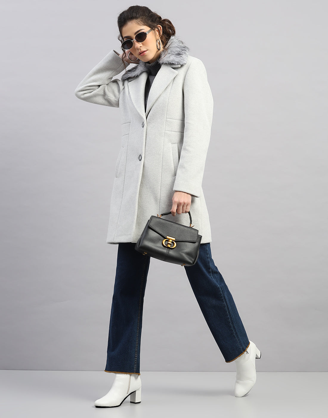 Women Grey Solid Collar Full Sleeve Coat