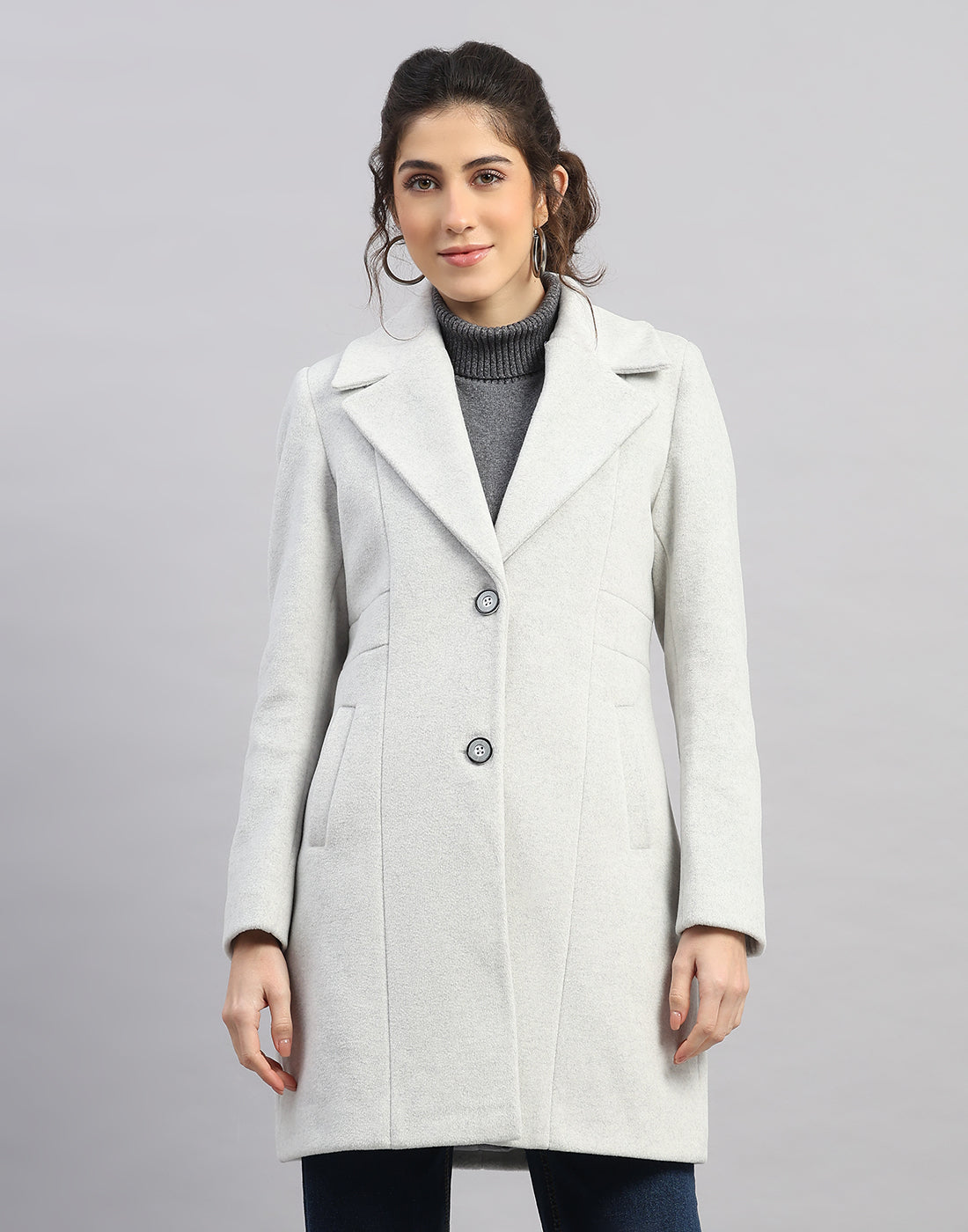 Women Grey Solid Collar Full Sleeve Coat