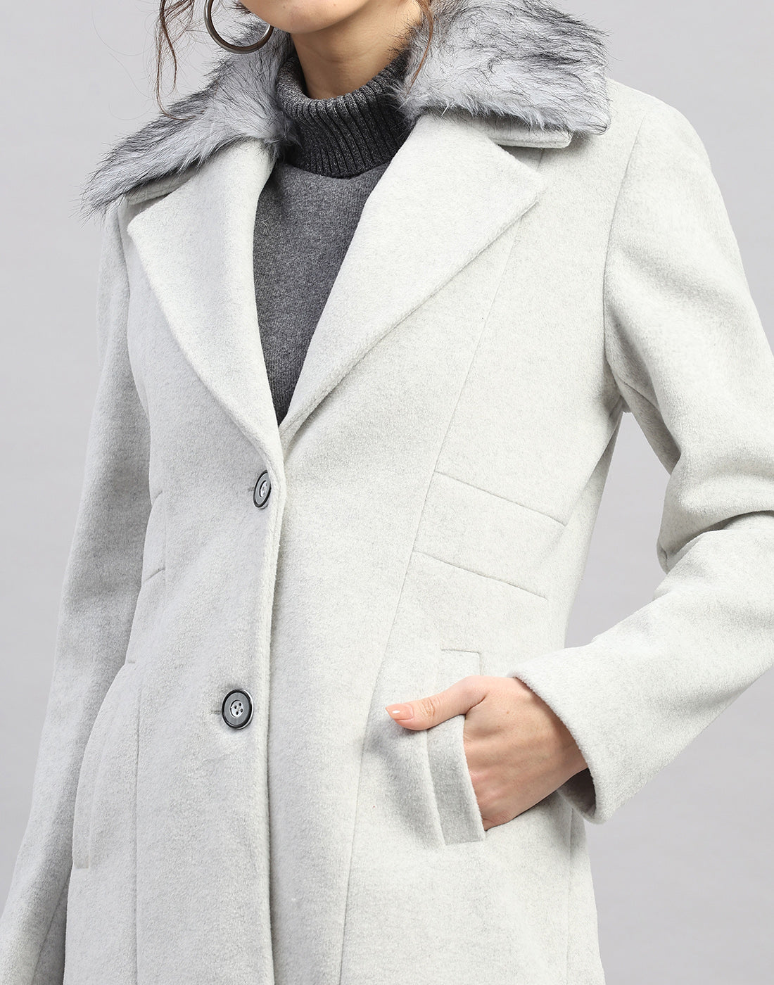 Women Grey Solid Collar Full Sleeve Coat