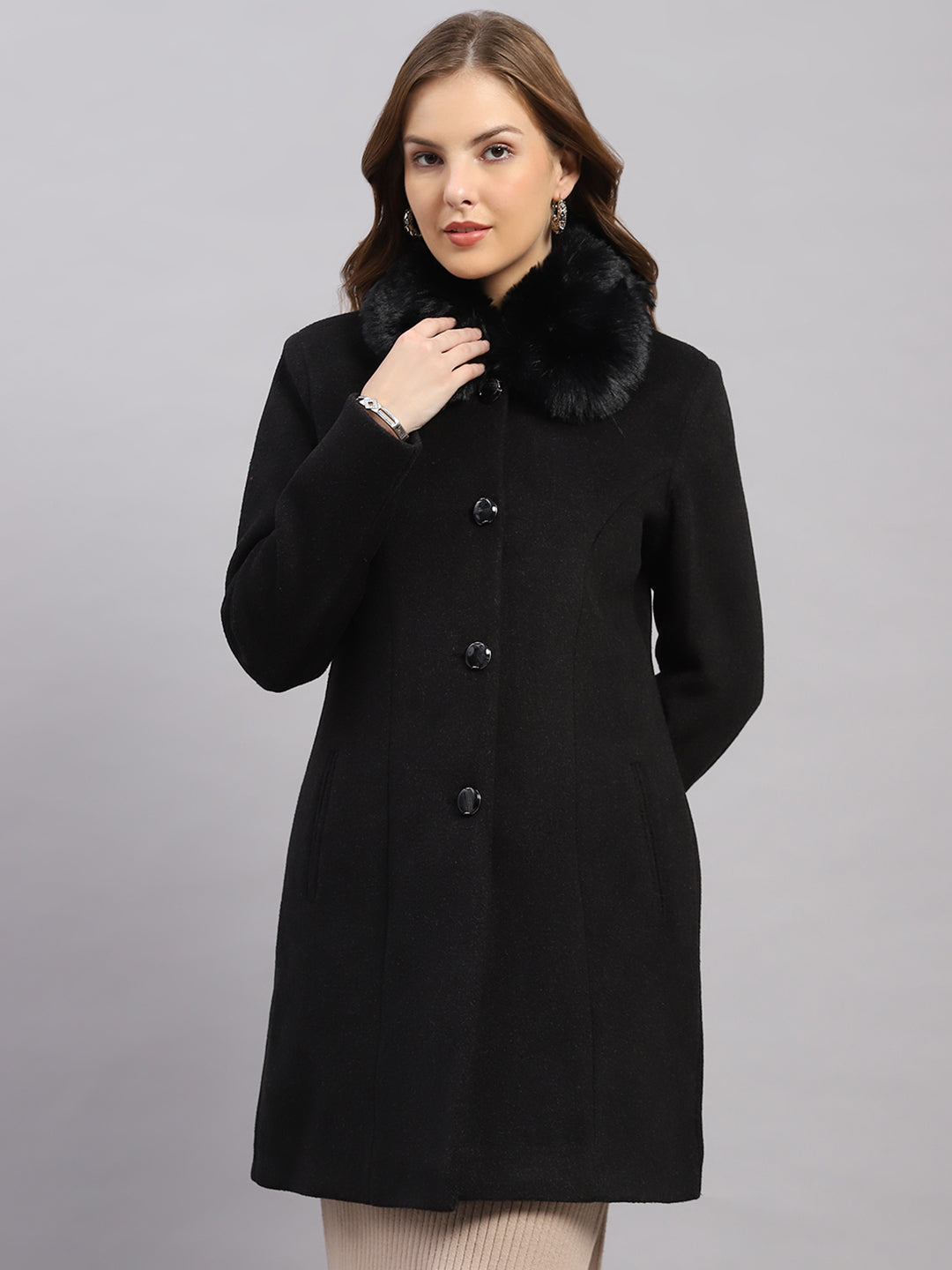 Buy Women Black Solid Collar Full Sleeve Coat Online in India