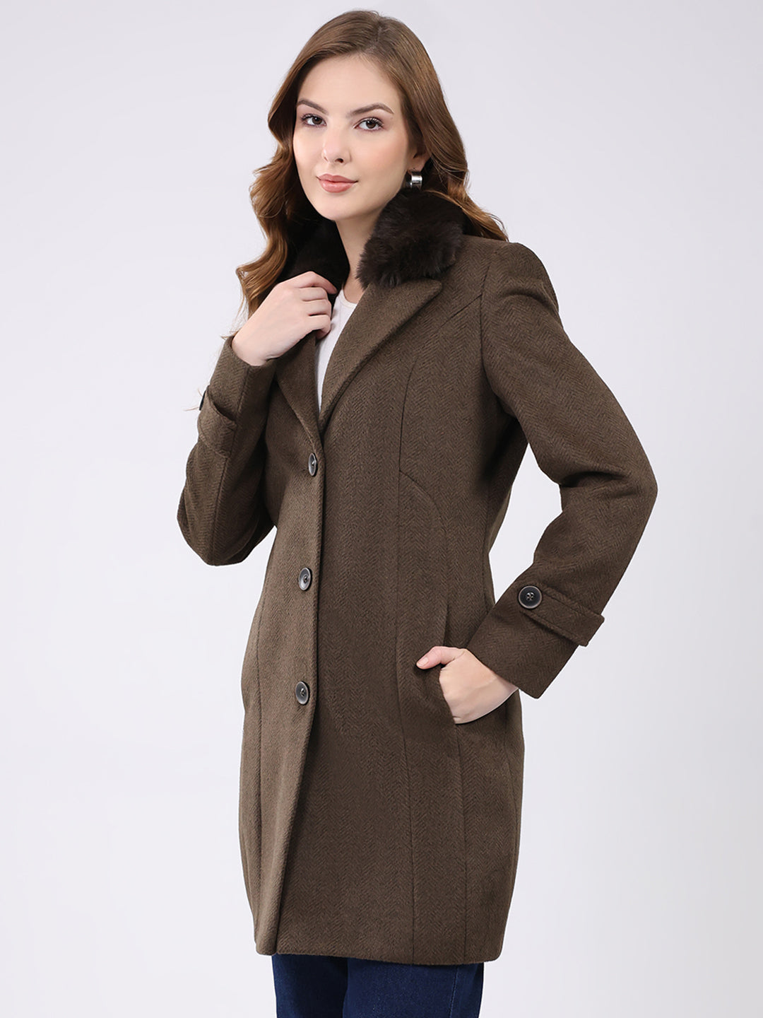 Women Brown Solid Notch Lapel Collar Full Sleeve Coat