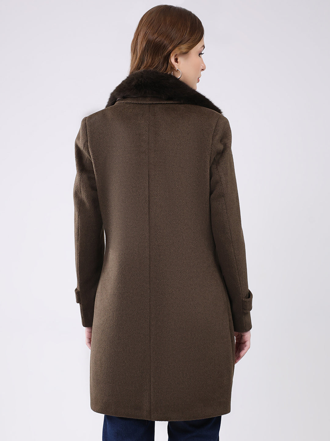 Women Brown Solid Notch Lapel Collar Full Sleeve Coat