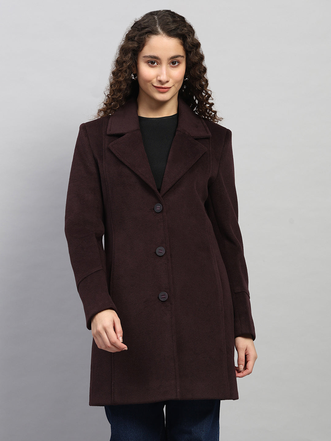 Women Burgundy Solid Collar Full Sleeve Coat