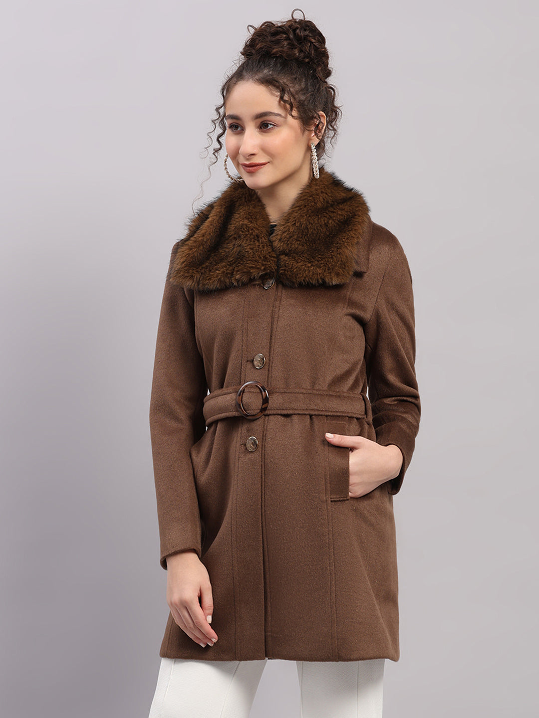 Women Camel Brown Solid Collar Full Sleeve Coat