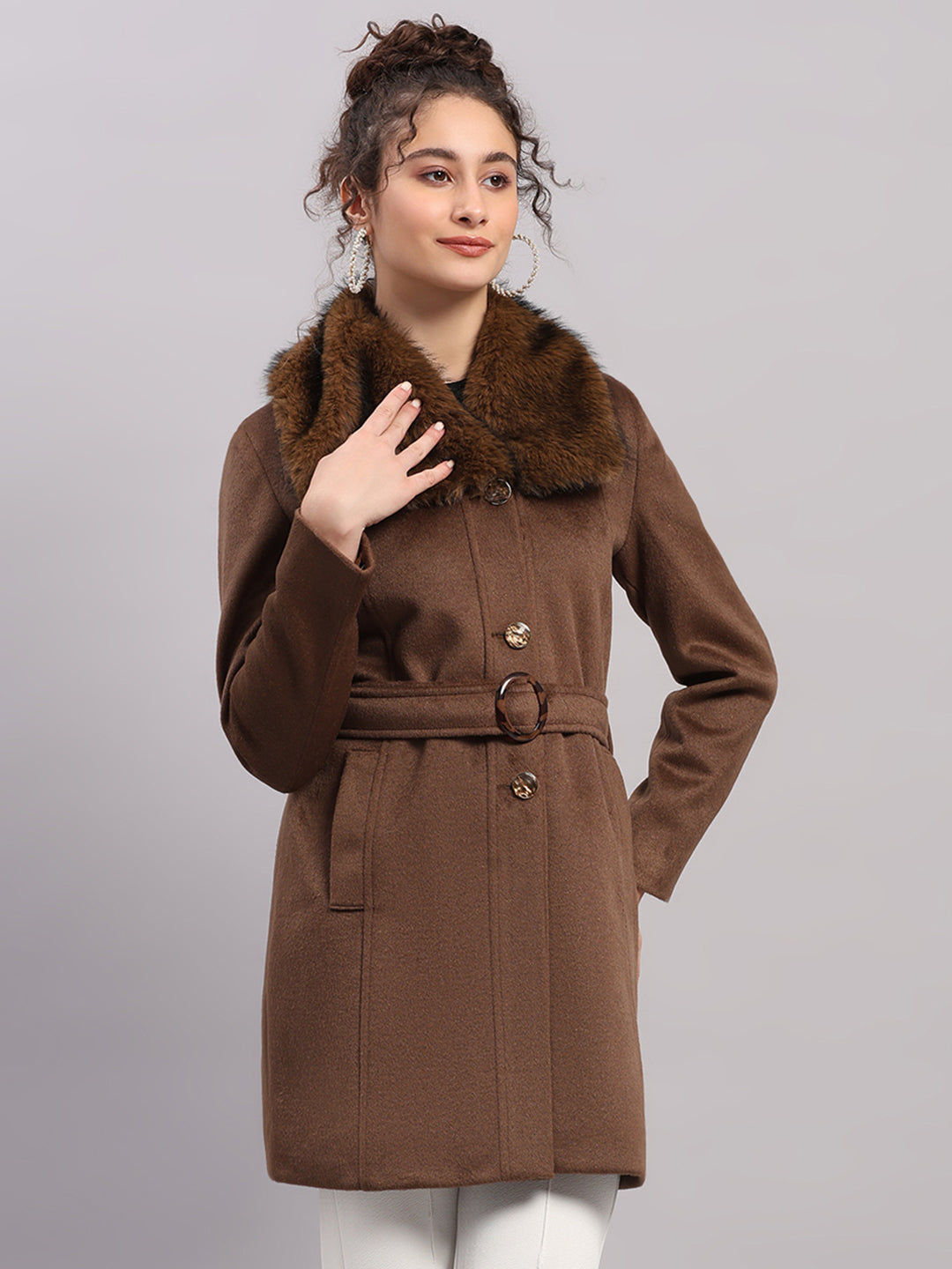 Women Camel Brown Solid Collar Full Sleeve Coat