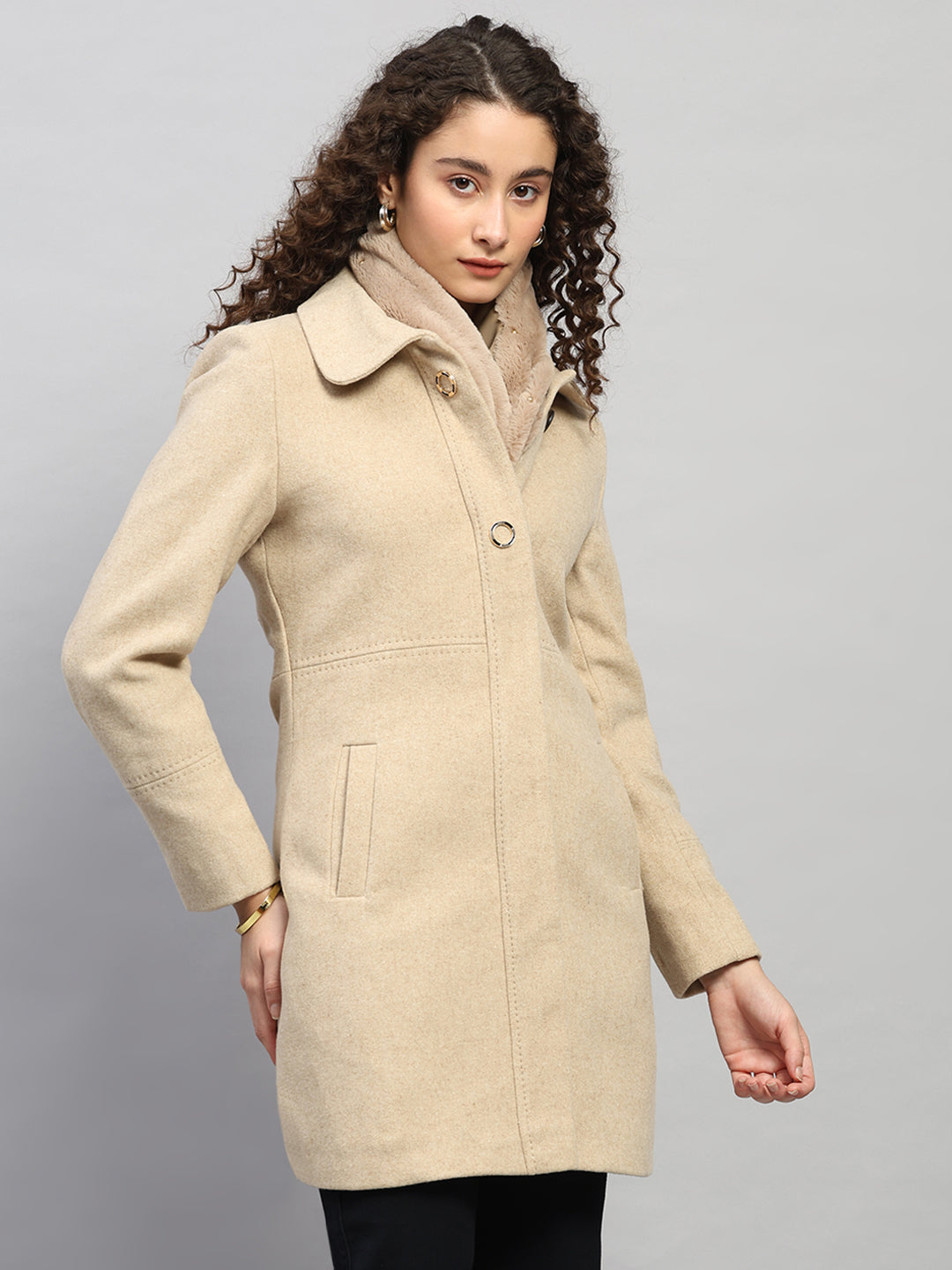 Women Beige Solid Collar Full Sleeve Coat