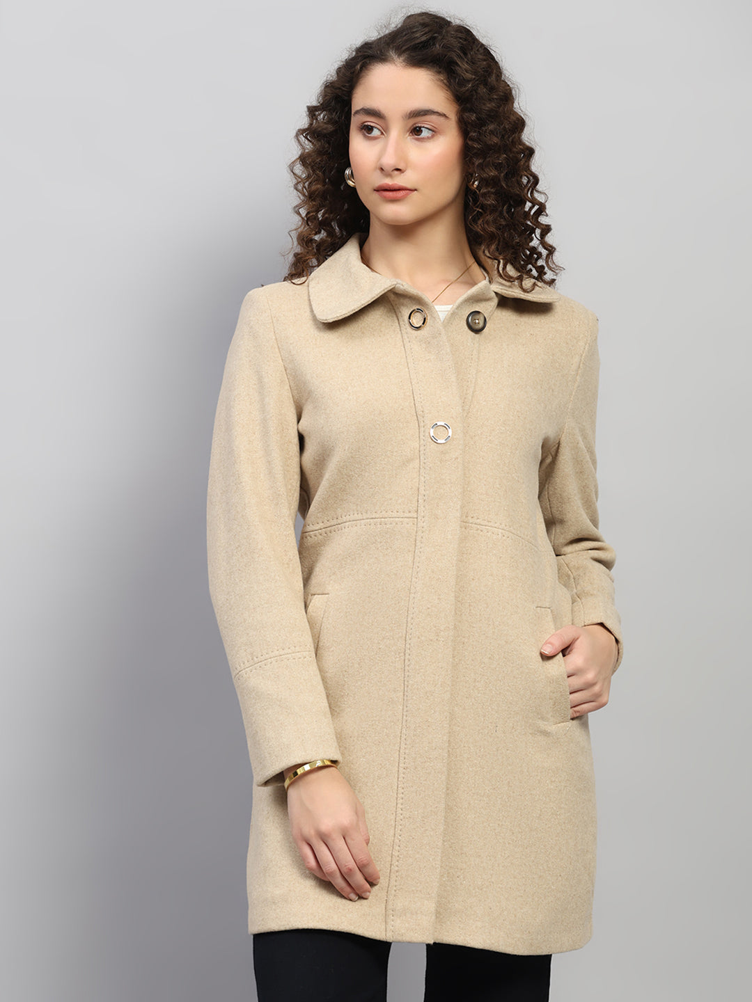 Women Beige Solid Collar Full Sleeve Coat