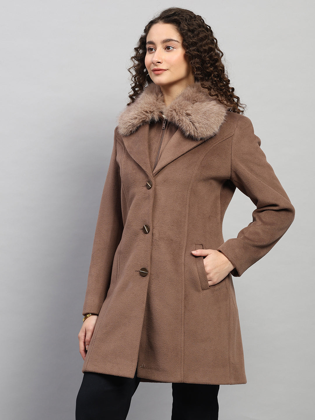 Women Brown Solid Collar Full Sleeve Coat