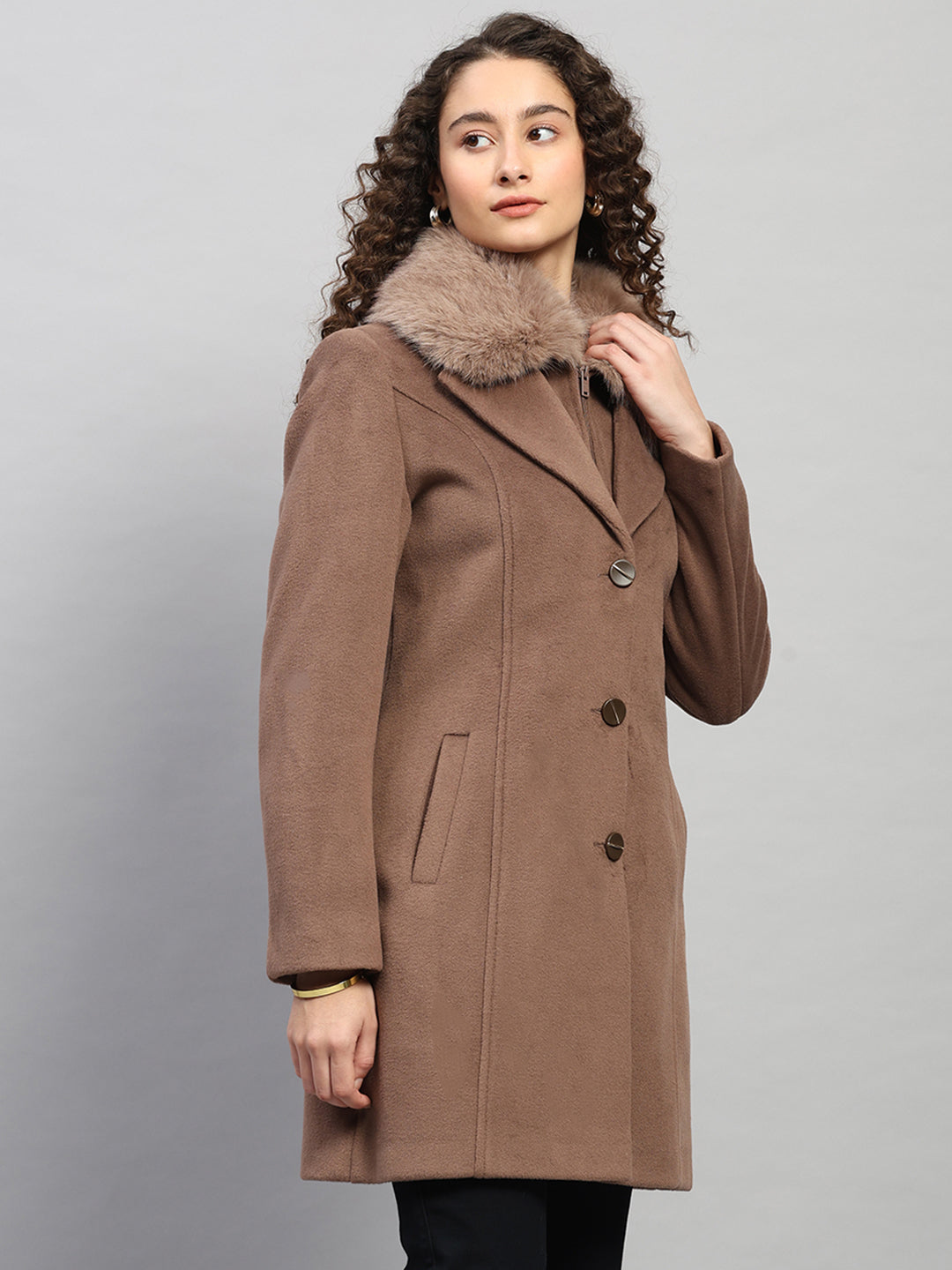 Women Brown Solid Collar Full Sleeve Coat