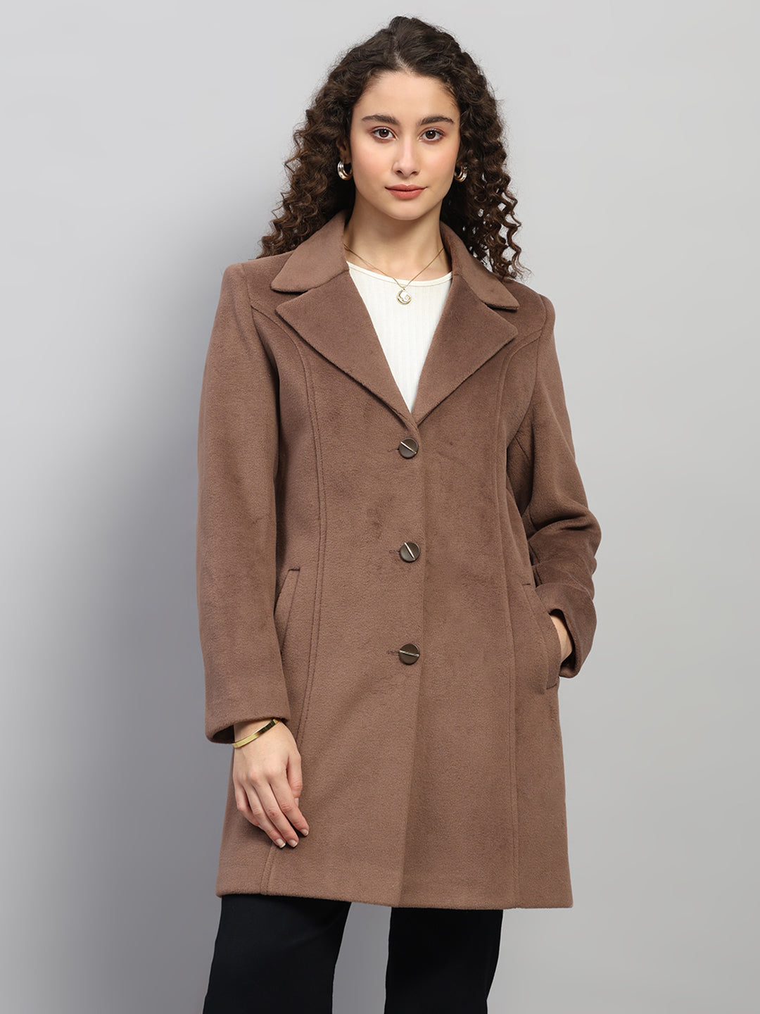 Women Brown Solid Collar Full Sleeve Coat