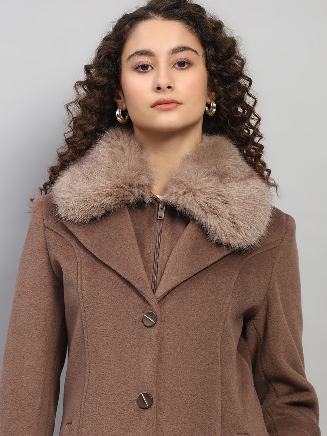 Women Brown Solid Collar Full Sleeve Coat