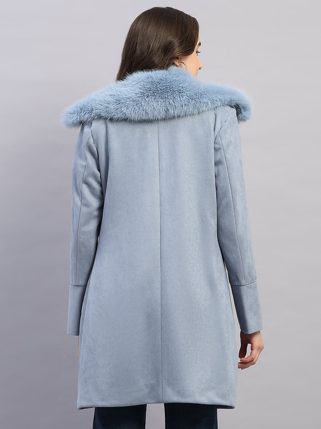 Women Sky Blue Solid Collar Full Sleeve Coat