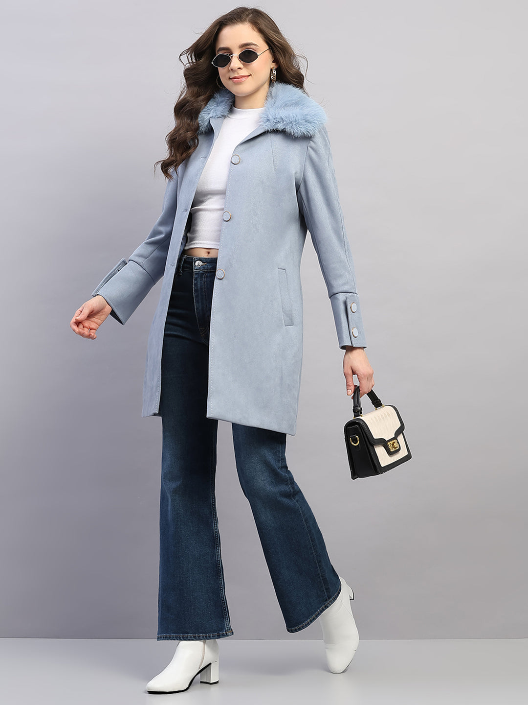 Women Sky Blue Solid Collar Full Sleeve Coat