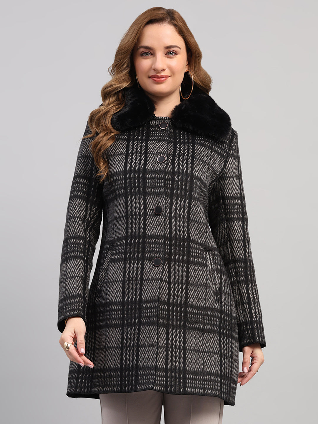 Women Black Check Collar Full Sleeve Wool Non-Lined Coat