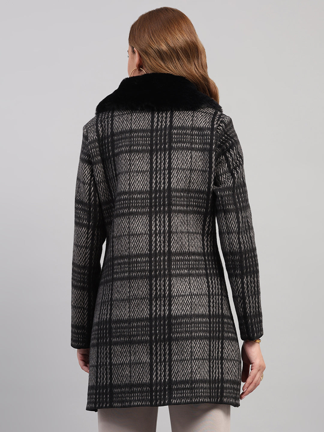 Women Black Check Collar Full Sleeve Wool Non-Lined Coat