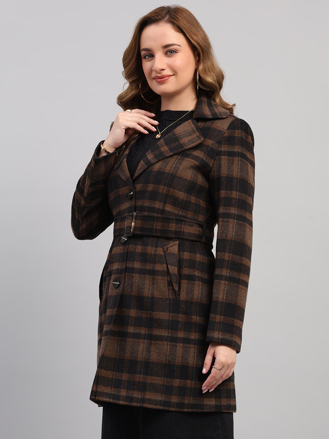 Women Camel Brown Check Collar Full Sleeve Coat