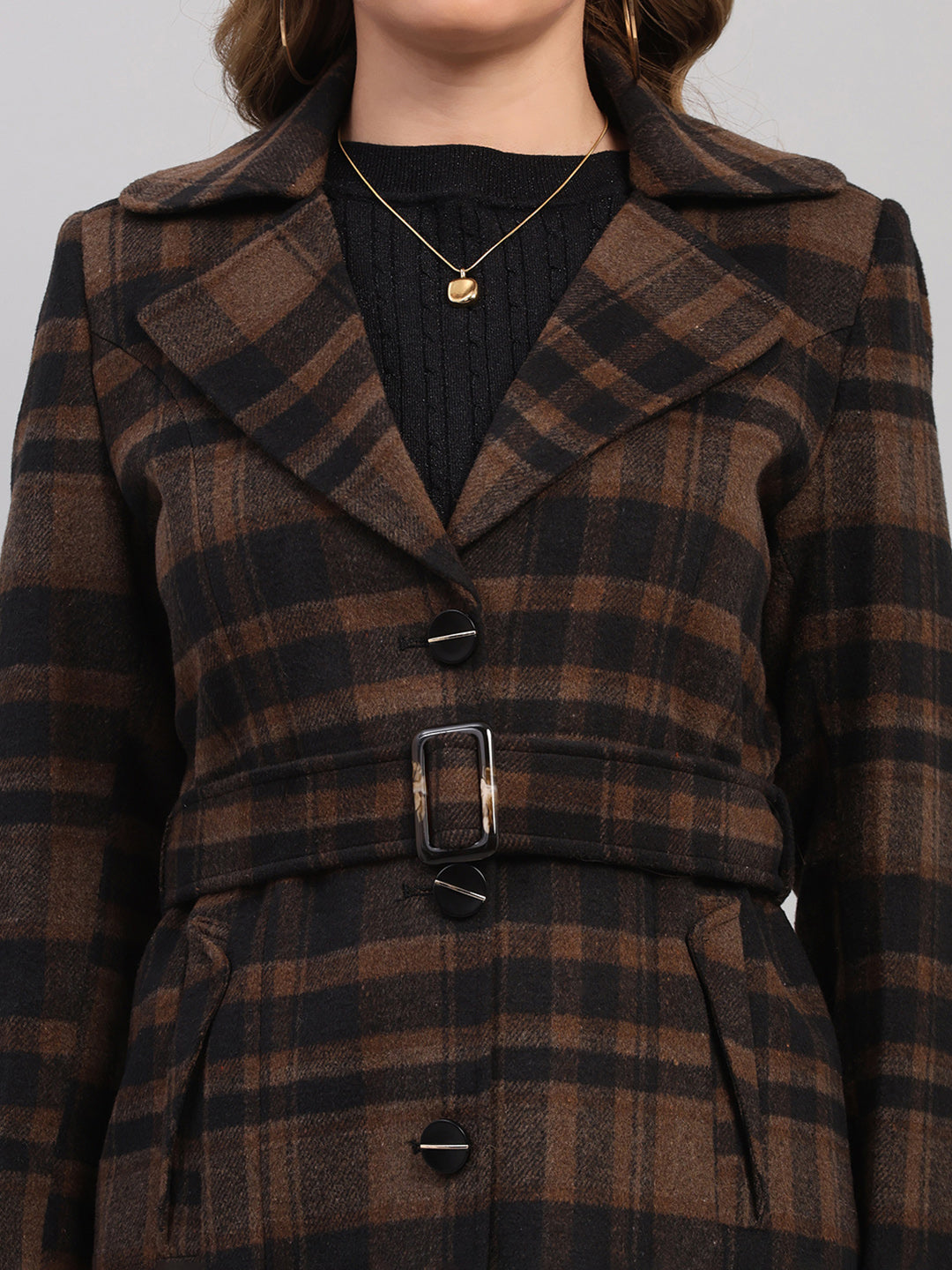 Women Camel Brown Check Collar Full Sleeve Coat