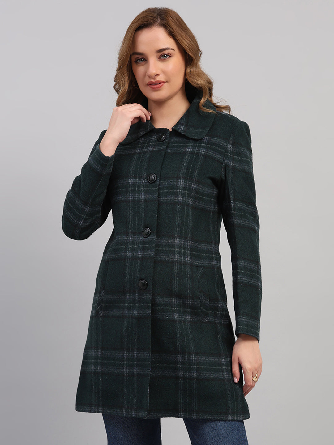 Women Green Check Collar Full Sleeve Coat