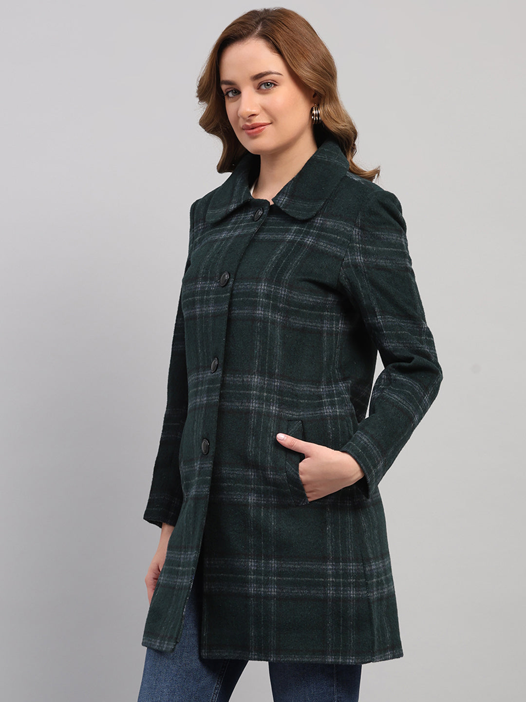 Women Green Check Collar Full Sleeve Coat