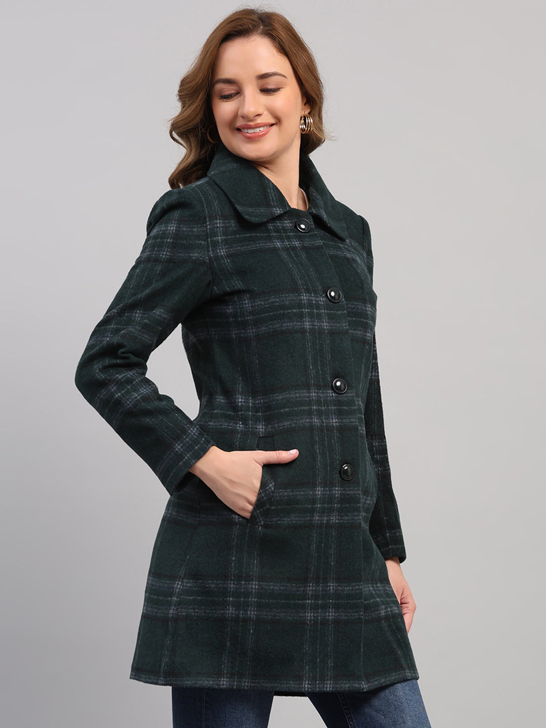 Women Green Check Collar Full Sleeve Coat