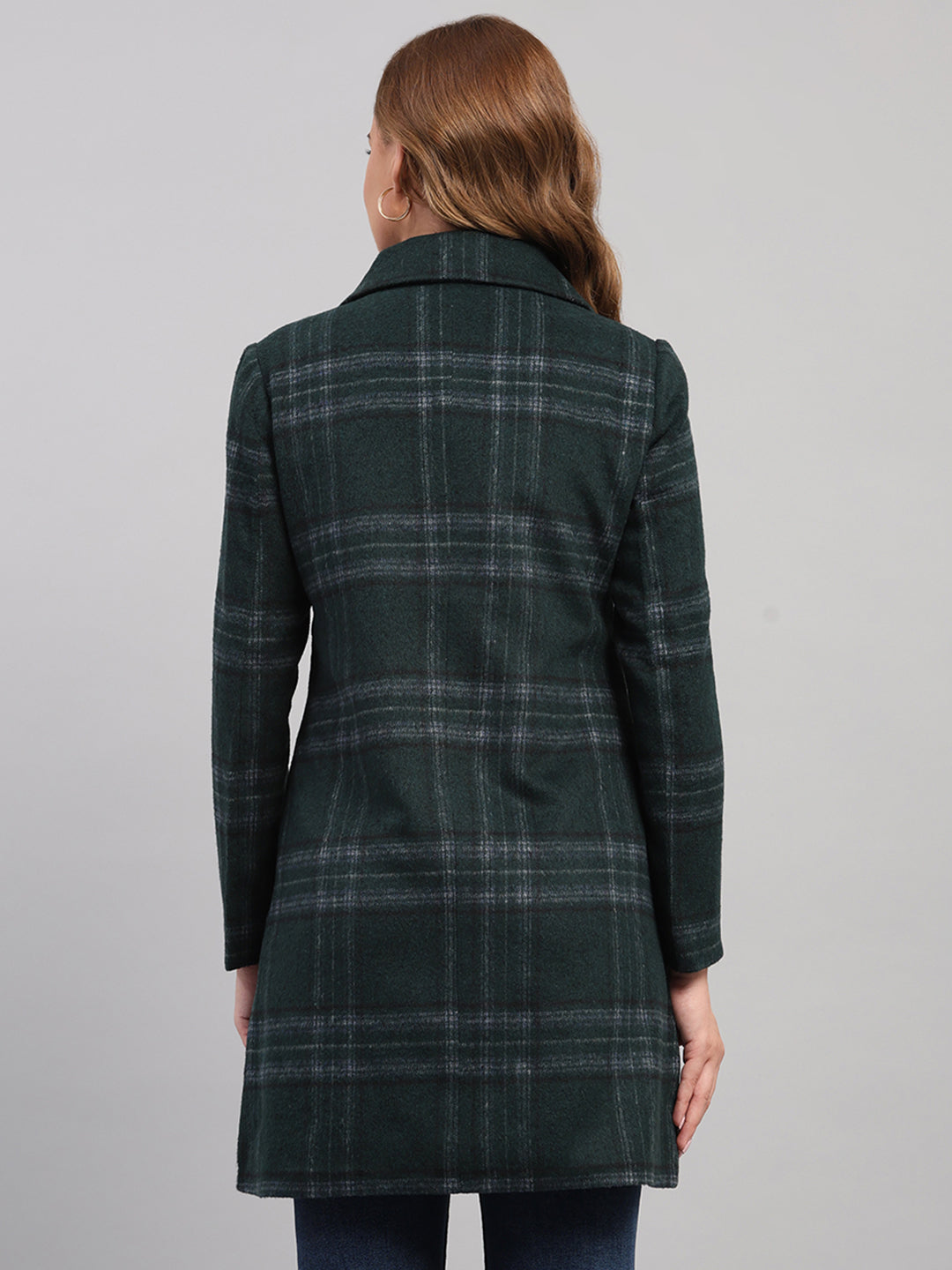 Women Green Check Collar Full Sleeve Coat