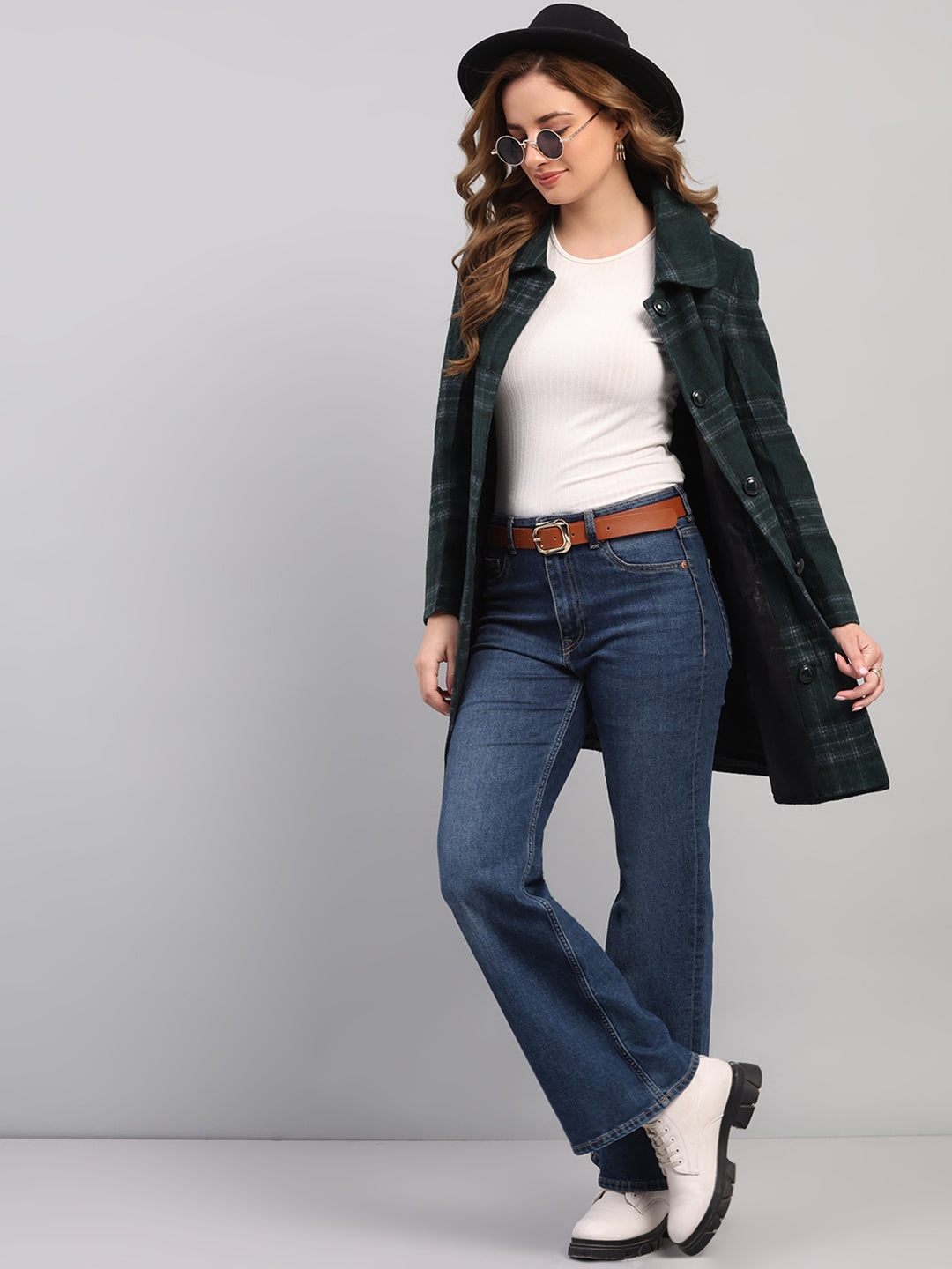 Women Green Check Collar Full Sleeve Coat