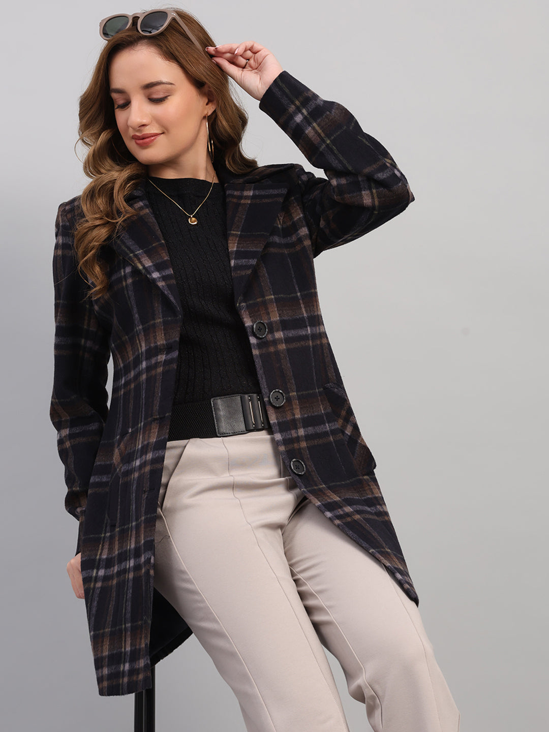 Women Navy Blue Check Collar Full Sleeve Coat