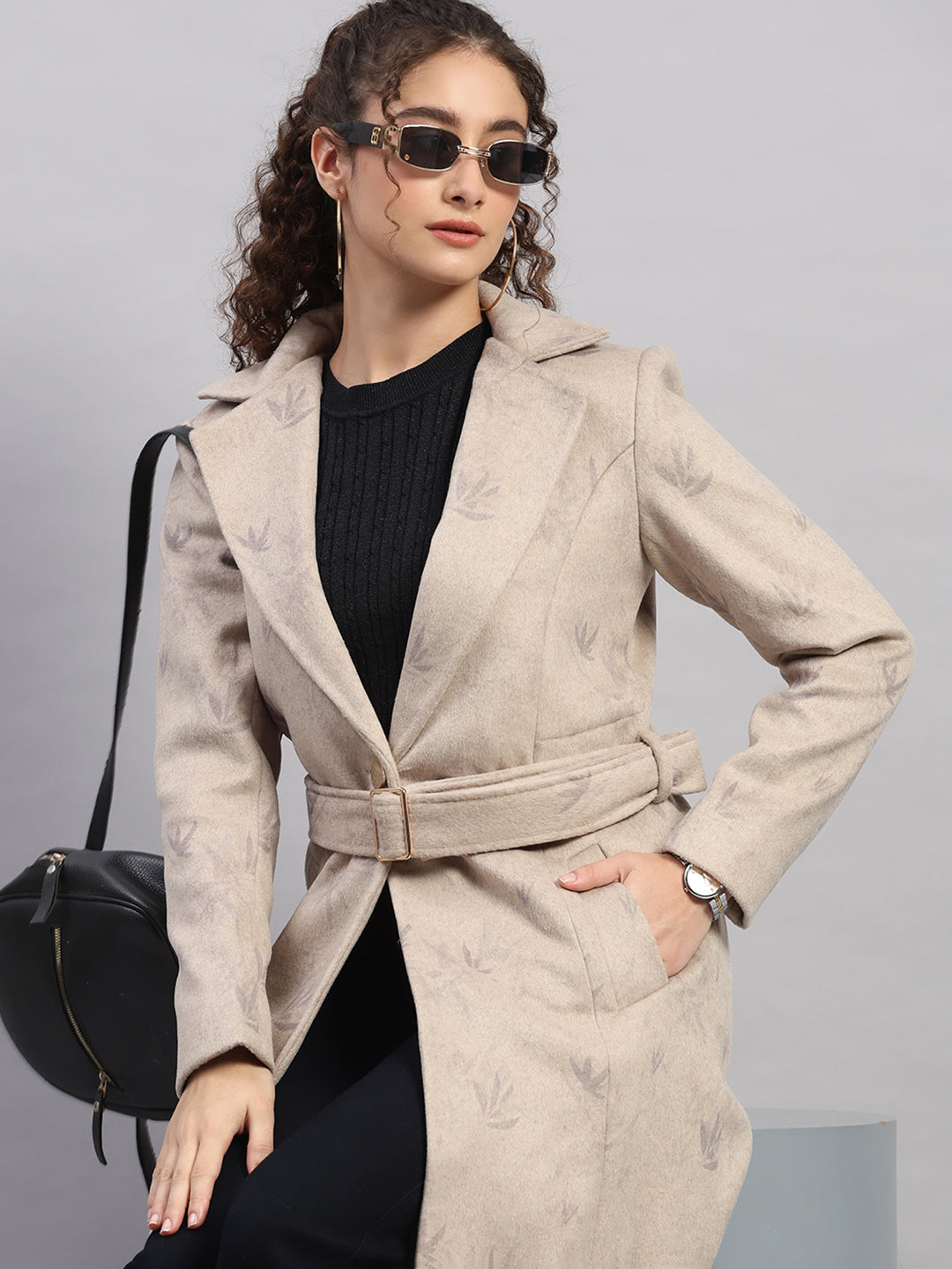 Women Beige Printed Collar Full Sleeve Coat