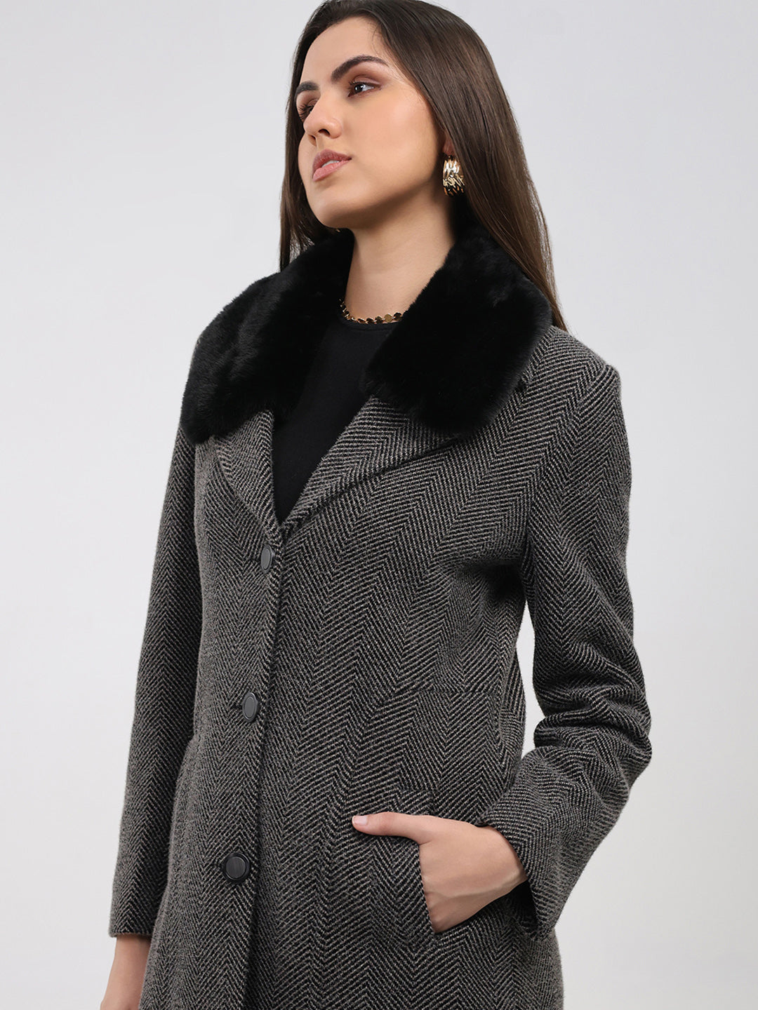 Women Grey Printed Collar Full Sleeve Coat