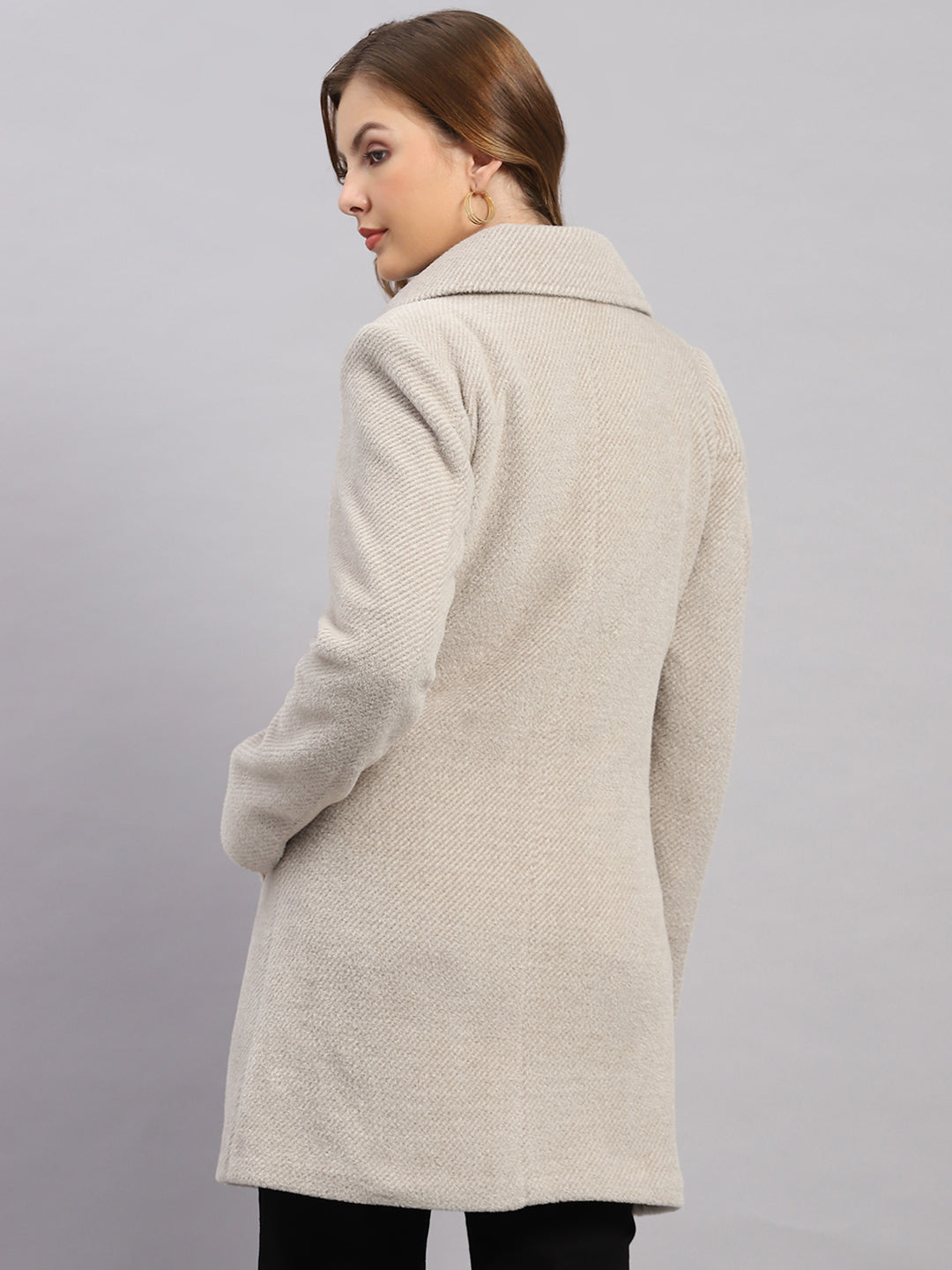 Women Beige Solid Collar Full Sleeve Coat