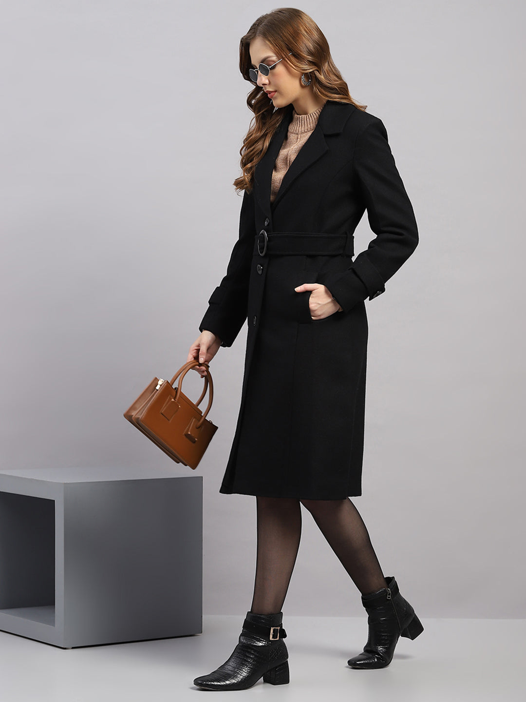 Women Black Luxury Classic Extra-Long Belted Coat