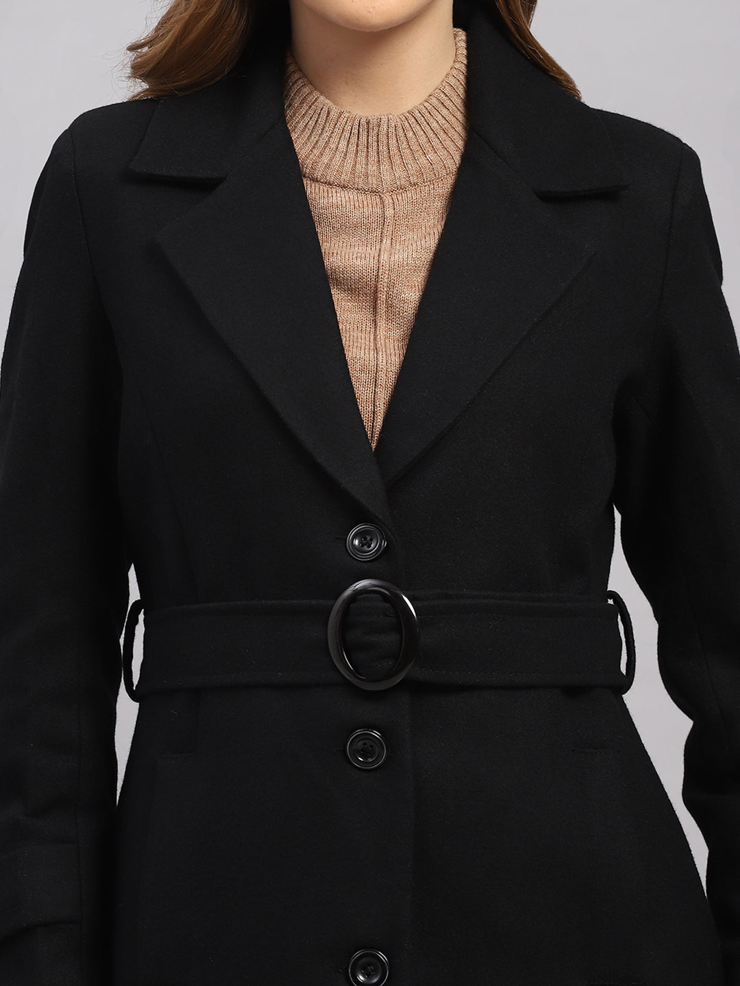Women Black Luxury Classic Extra-Long Belted Coat