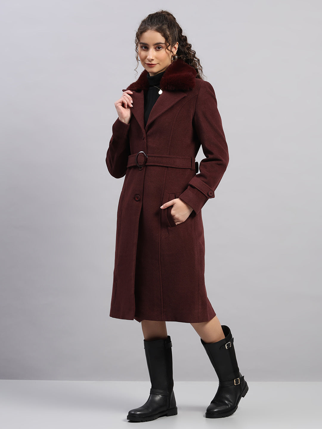 Women Maroon Solid Collar Full Sleeve Coat