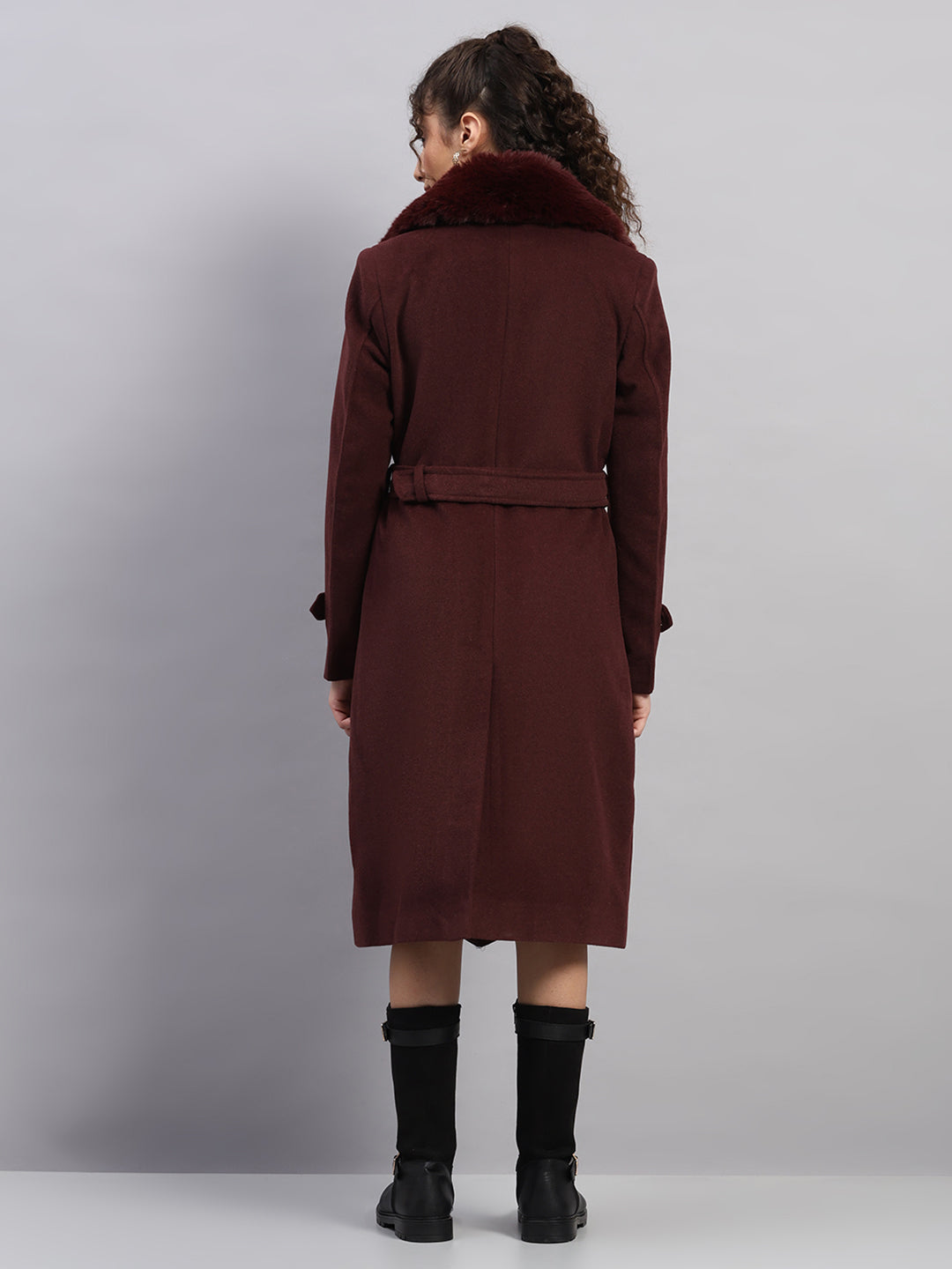 Women Maroon Solid Collar Full Sleeve Coat