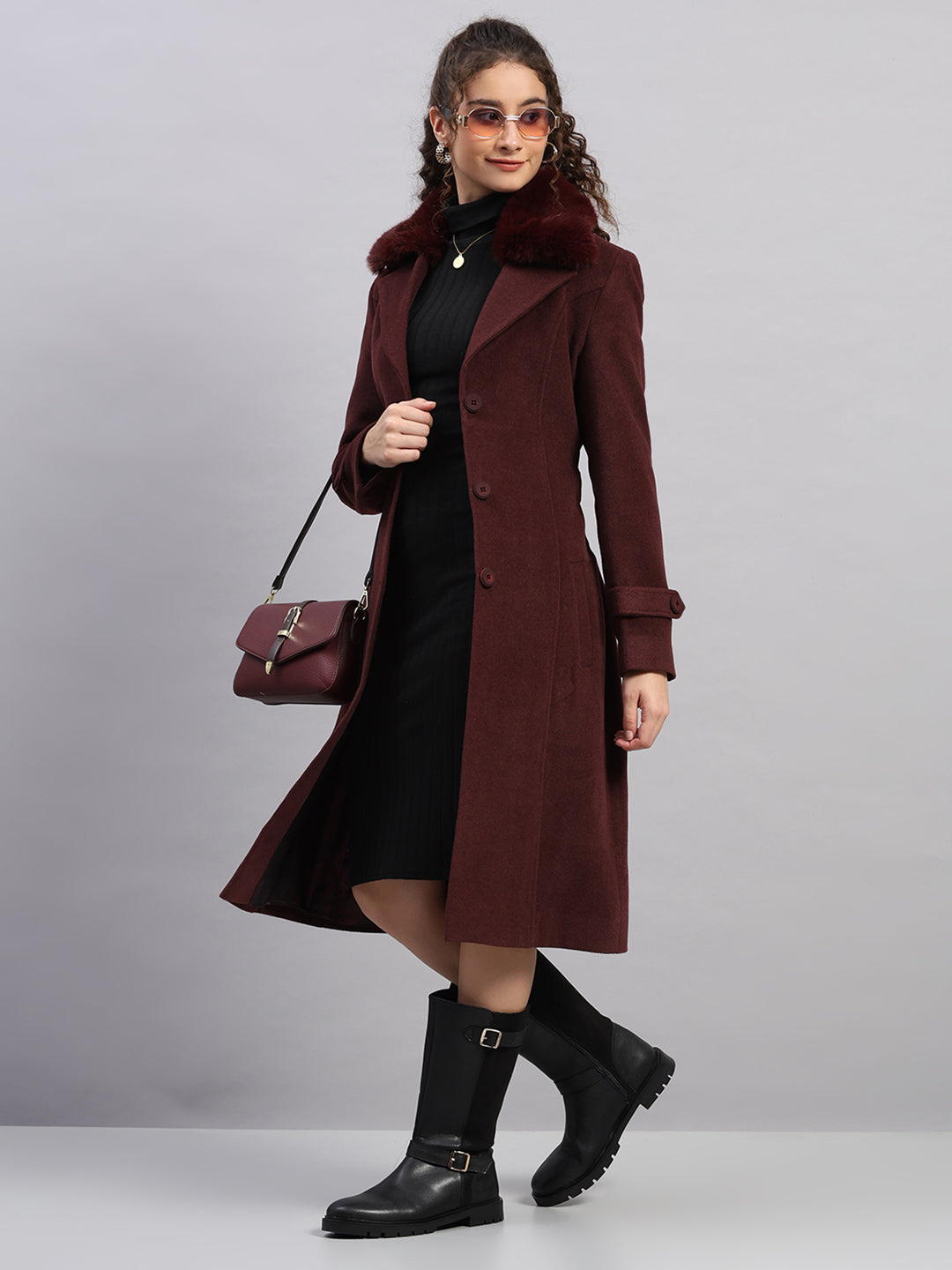 Women Maroon Solid Collar Full Sleeve Coat
