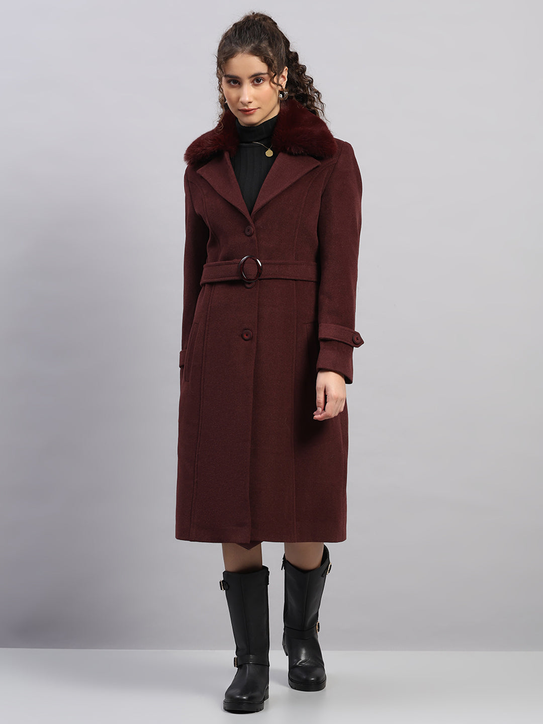Women Maroon Solid Collar Full Sleeve Coat